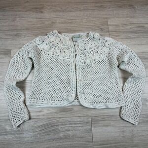 Vintage 90s CSL Crochet Knit Cardigan S Beige Floral Applique Button Front Sz L